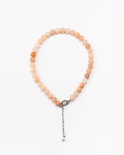 Elegant peach bead necklace from rose quartz with silver clasp and drop chain accent with river pearl, handmade from natural stones