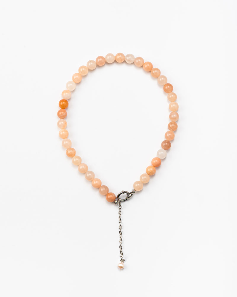 Elegant peach bead necklace from rose quartz with silver clasp and drop chain accent with river pearl, handmade from natural stones
