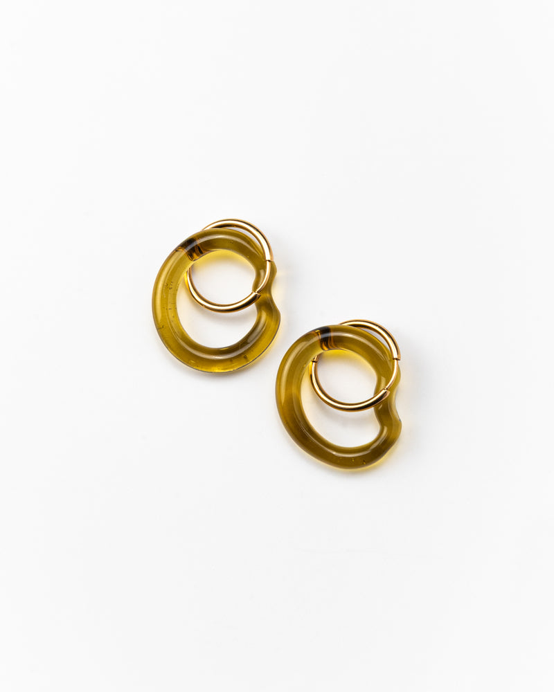 Amber Ameba dangle-hoop earrings on a base of gold stainless steel, made from recycled glass