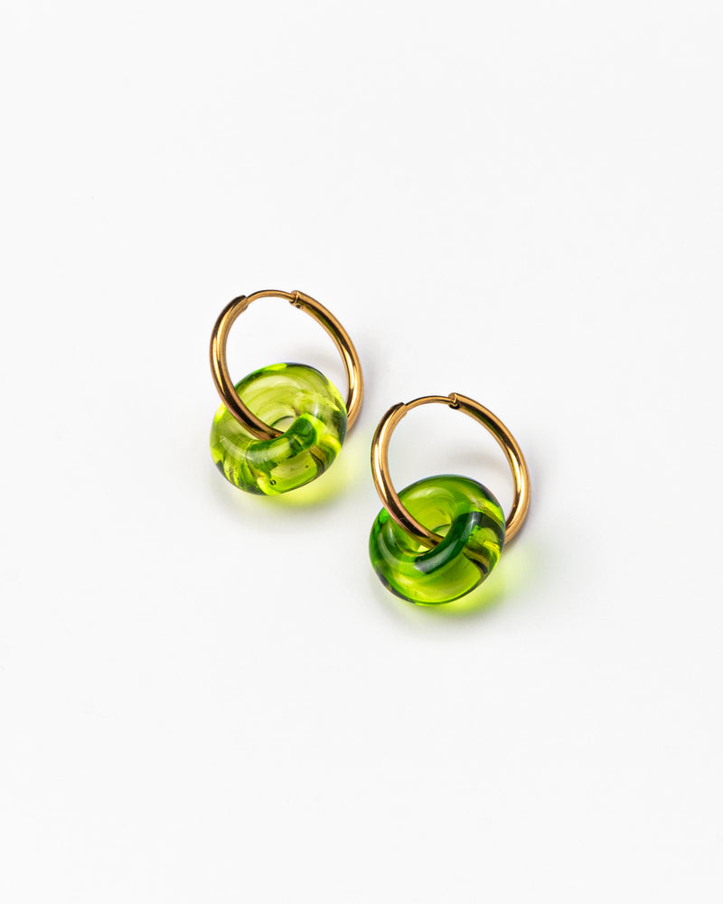 Green hoop earrings on a base of gold stainless steel, made from recycled glass