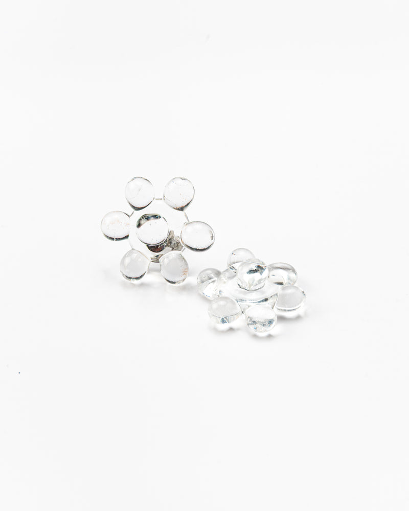 Pair of clear glass stud earrings arranged in a circular floral cluster design, made from recycled glass