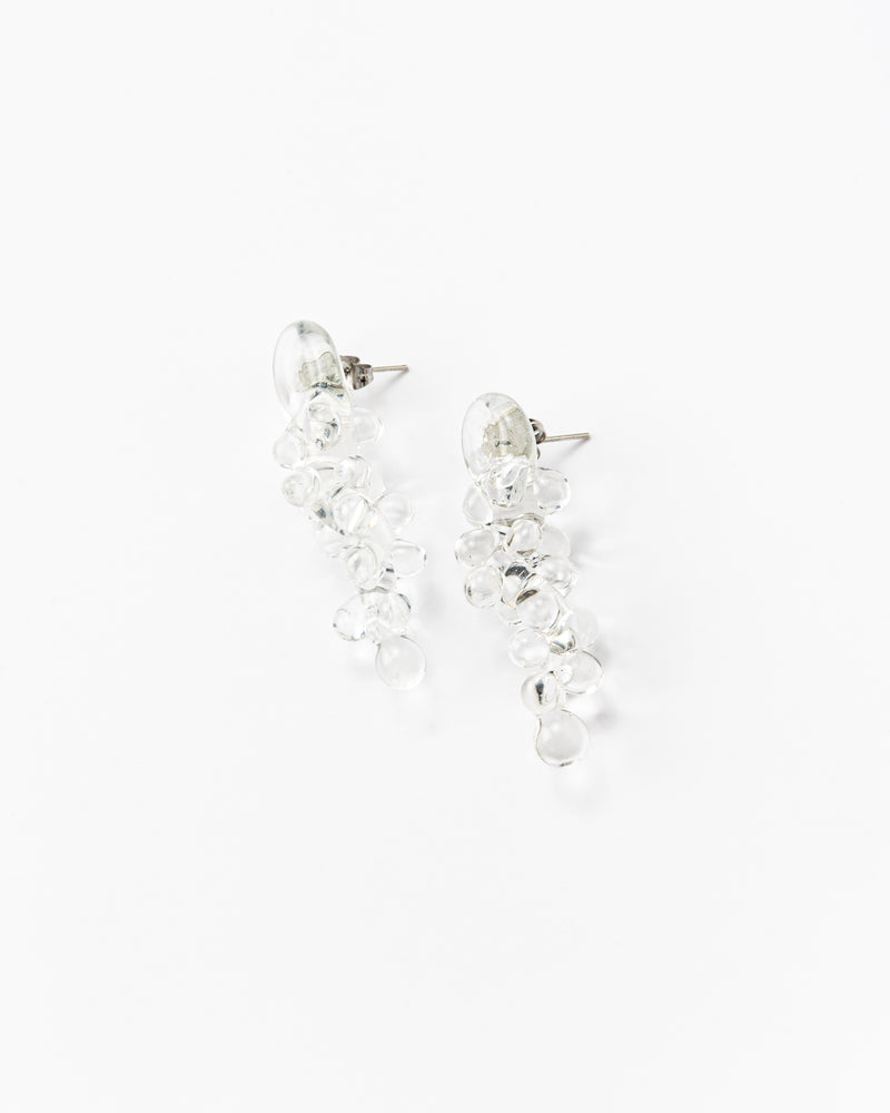Dangle earrings with clear, transparent sphere clusters, made from recycled glass