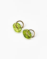 Gold Shinny hoop earrings with translucent green recycled glass loops containing small air bubbles.