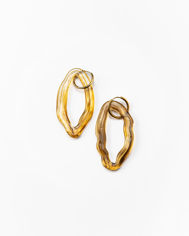 Amber Zostera dangle earrings on a base of gold stainless steel, made from recycled glass