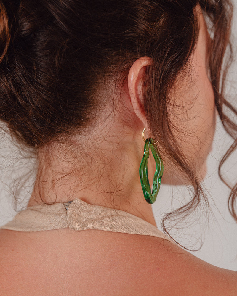 Green Zostera dangle earrings on a base of gold stainless steel, made from recycled glass