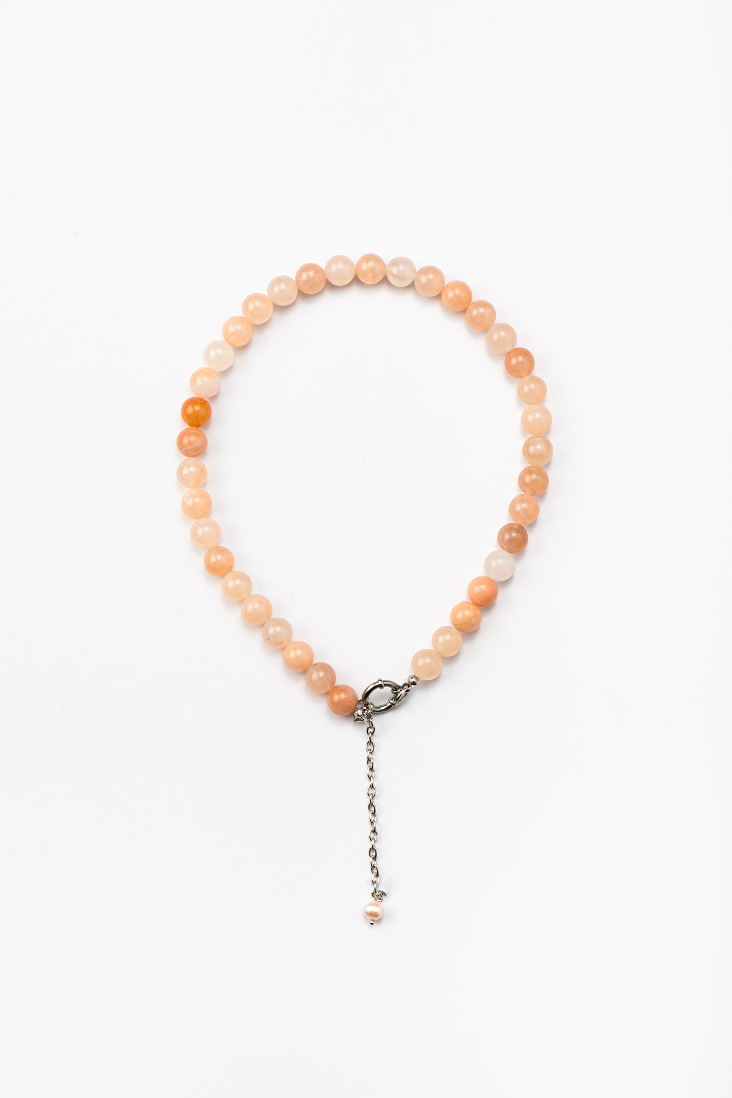 Elegant peach bead necklace from rose quartz with silver clasp and drop chain accent with river pearl, handmade from natural stones