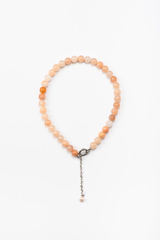 Elegant peach bead necklace from rose quartz with silver clasp and drop chain accent with river pearl, handmade from natural stones