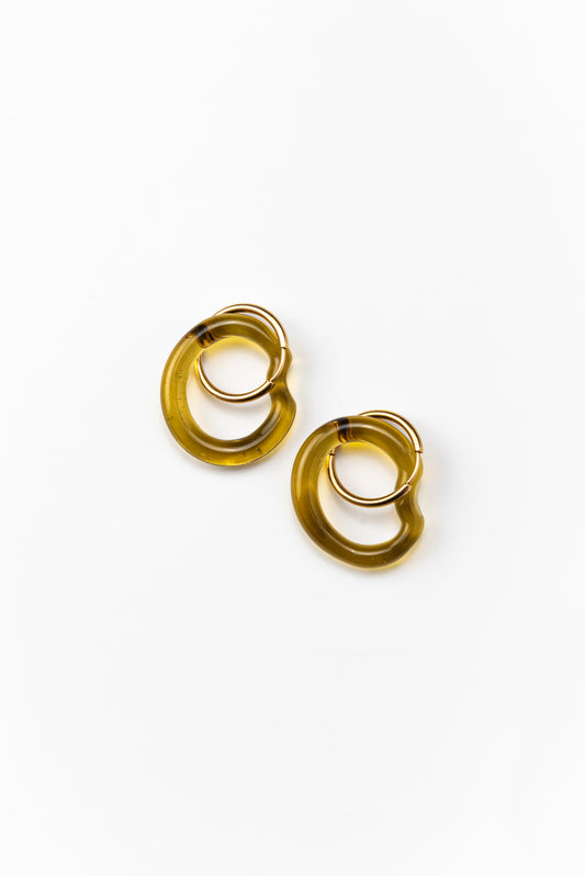 Amber Ameba dangle-hoop earrings on a base of gold stainless steel, made from recycled glass