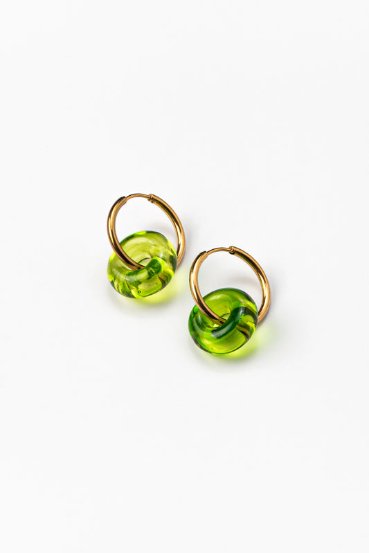 Green hoop earrings on a base of gold stainless steel, made from recycled glass