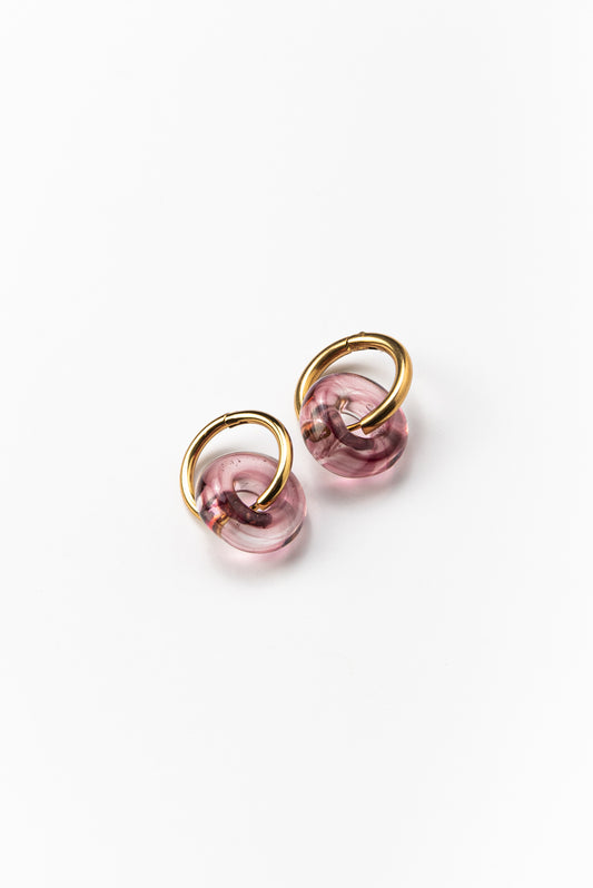 Purple hoop earrings on a base of golden stainless steel, made from recycled glass