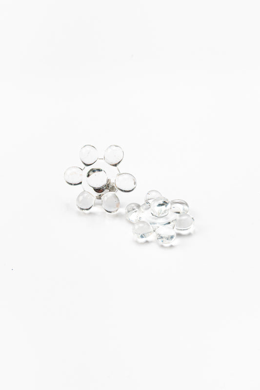 Pair of clear glass stud earrings arranged in a circular floral cluster design, made from recycled glass