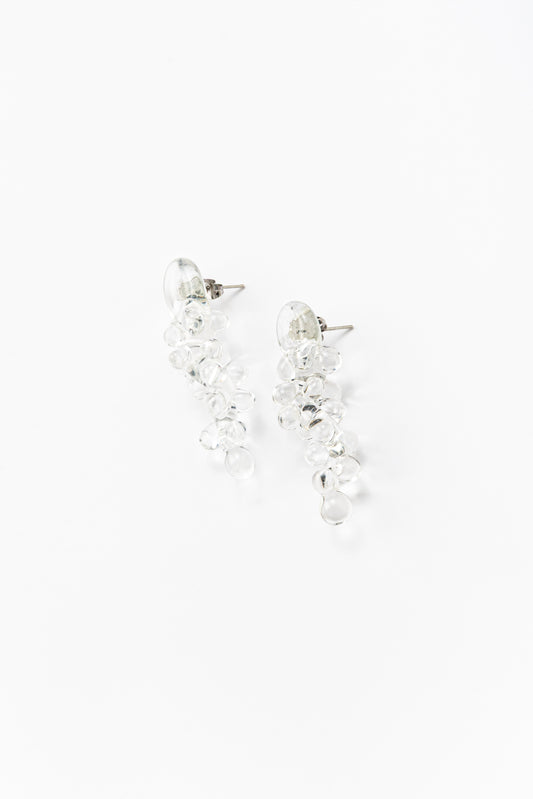 Dangle earrings with clear, transparent sphere clusters, made from recycled glass