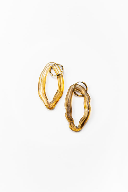 Amber Zostera dangle earrings on a base of gold stainless steel, made from recycled glass