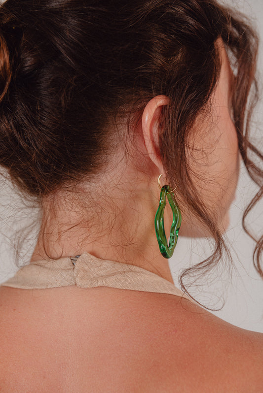 Green Zostera dangle earrings on a base of gold stainless steel, made from recycled glass